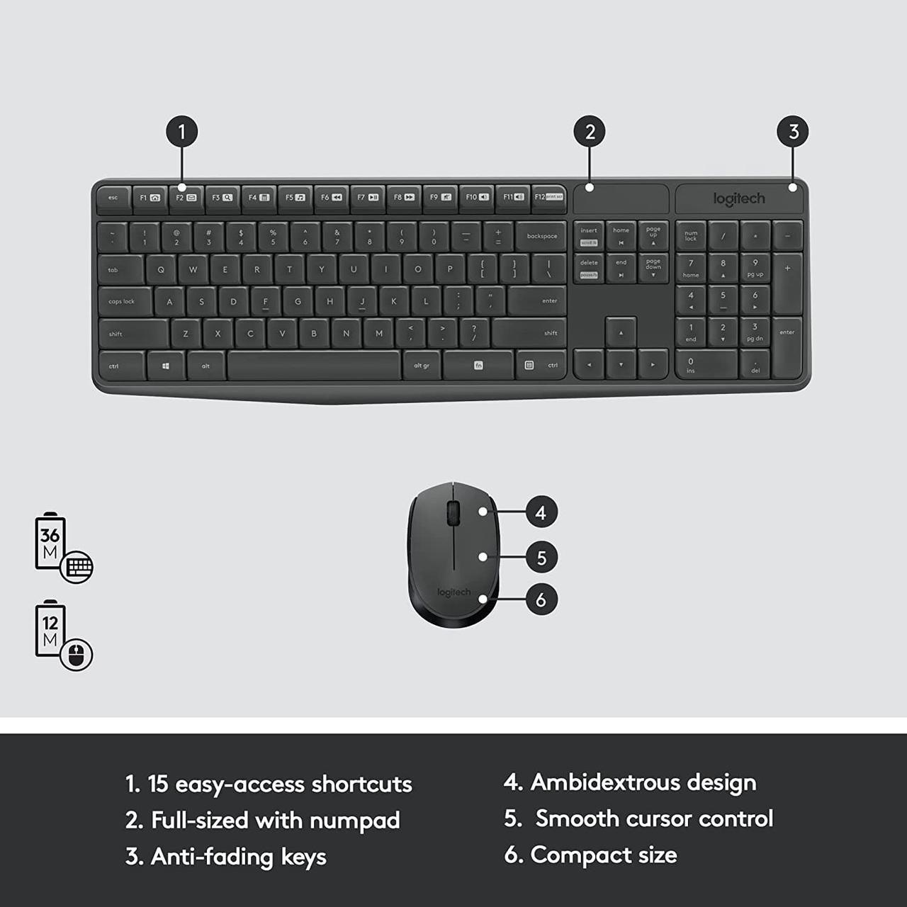 Alt view image 7 of 9 - Logitech MK235 Wireless Keyboard and Mouse Combo for Windows, 2.4 GHz Wireless Unifying USB Receiver, 15 FN Keys, Long Battery Life, Compatible with PC, Laptop