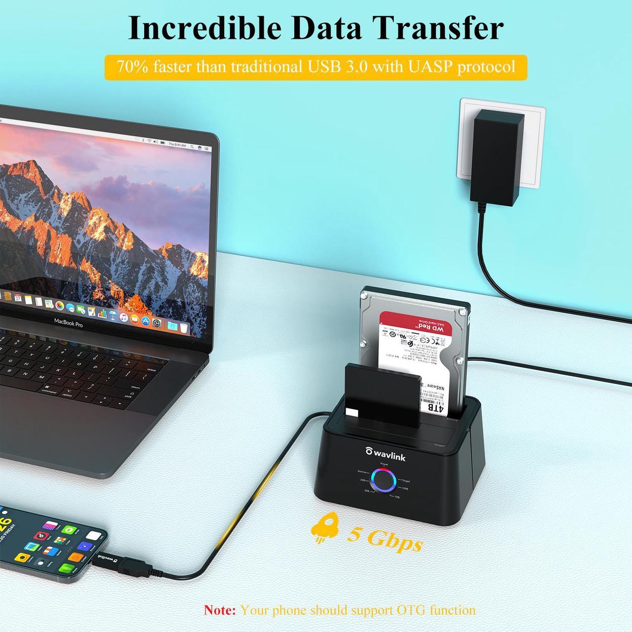 Alt view image 5 of 7 - Wavlink USB 3.0 to SATA I/II/II Dual Bay External Hard Drive Docking Station for 2.5" 3.5" SATA HDD/SSD Enclosure 2x 16TB Hard Drive Enclosure With UASP, Support Offline Clone Duplicator, Auto Sleep