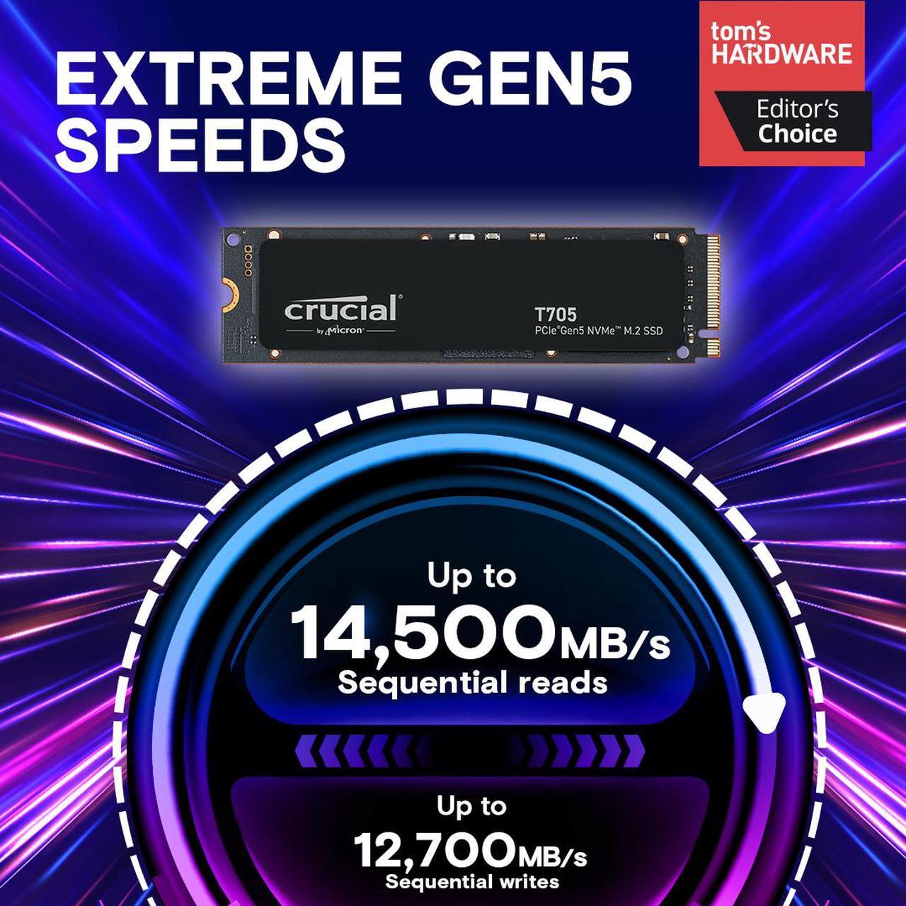 Alt view image 2 of 7 - Crucial T705 2TB PCIe Gen5 NVMe M.2 SSD - Up to 14,500 MB/s - Game Ready - Internal Solid State Drive (PC) - +1mo Adobe CC - CT2000T705SSD3