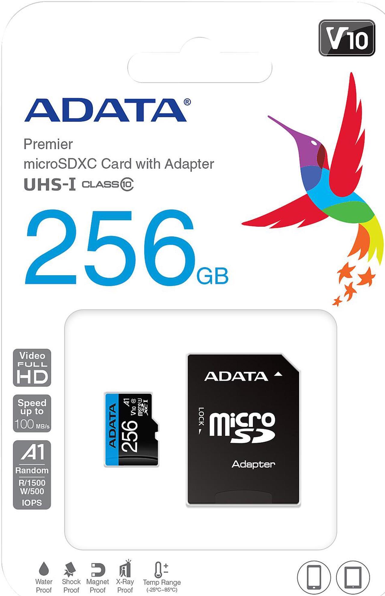 Alt view image 3 of 3 - ADATA 256GB Premier microSDXC UHS-I / Class 10 V10 A1 Memory Card with SD Adapter, Speed Up to 100MB/s (AUSDX256GUICL10A1-RA1)
