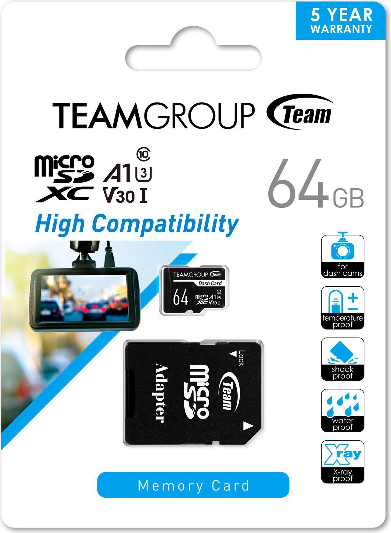 Alt view image 4 of 4 - Team 64GB Dash Card  microSDXC UHS-I/U3 Class 10 A1 V30 Memory Card with Adapter, Compatible for cams, Speed Up to 100MB/s (TDUSDX64GUHS03)