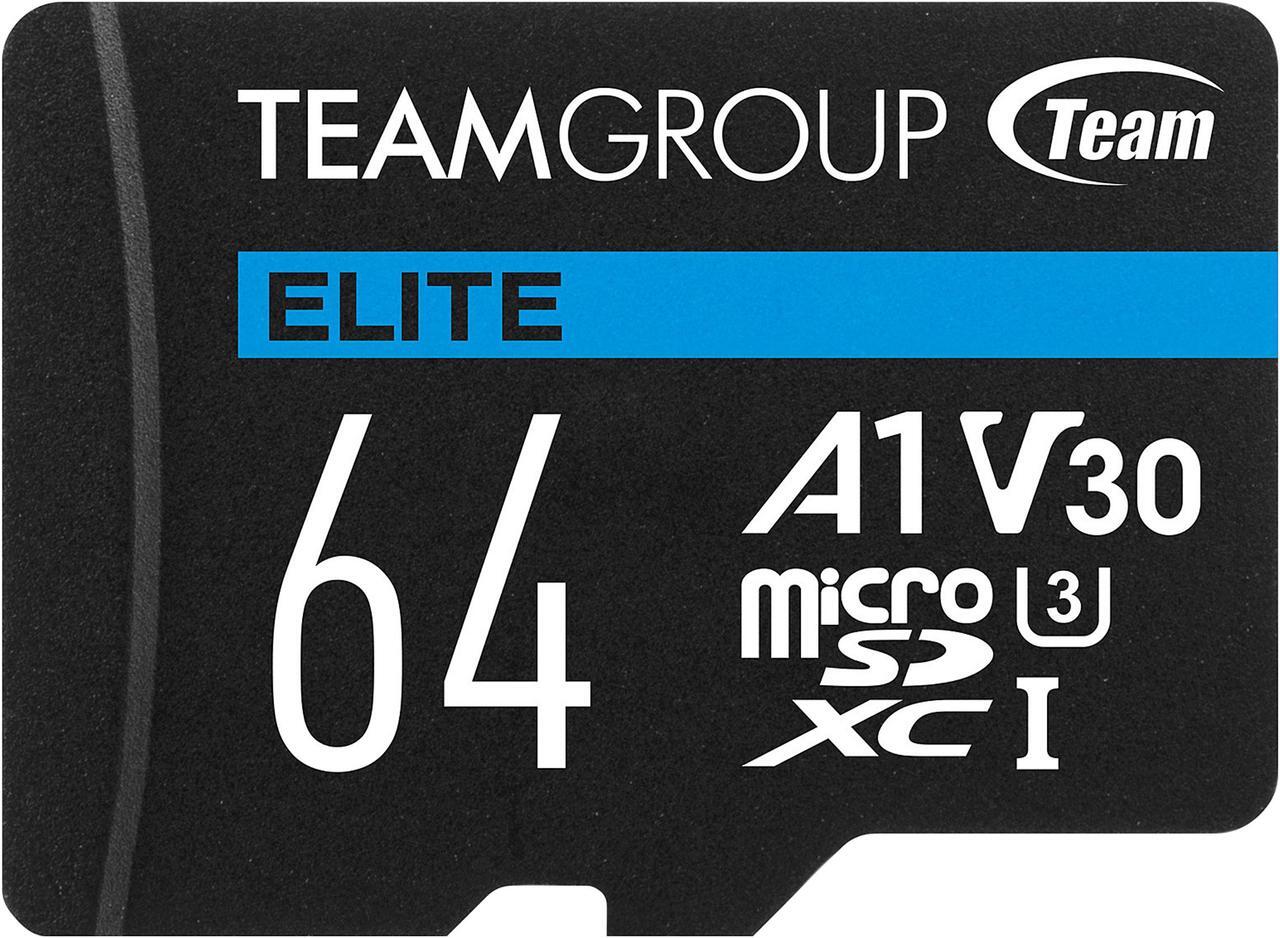 Main image of Team Group 64GB Elite microSDXC UHS-I U3, V30, A1, 4K UHD Micro SD Card with SD Adapter, Speed Up to 100MB/s (TEAUSDX64GIV30A103)