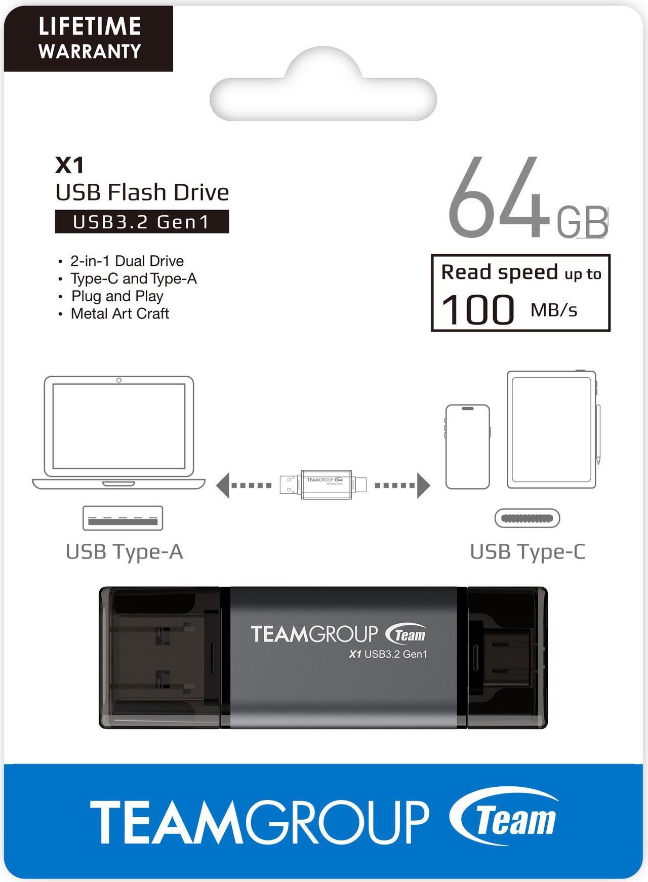 Alt view image 5 of 5 - Team 64GB X1 USB 3.2 Gen1 2-in-1 Type-A and Type-C Flash Drives, Speed Up to 100MB/s (TX1364GB01)