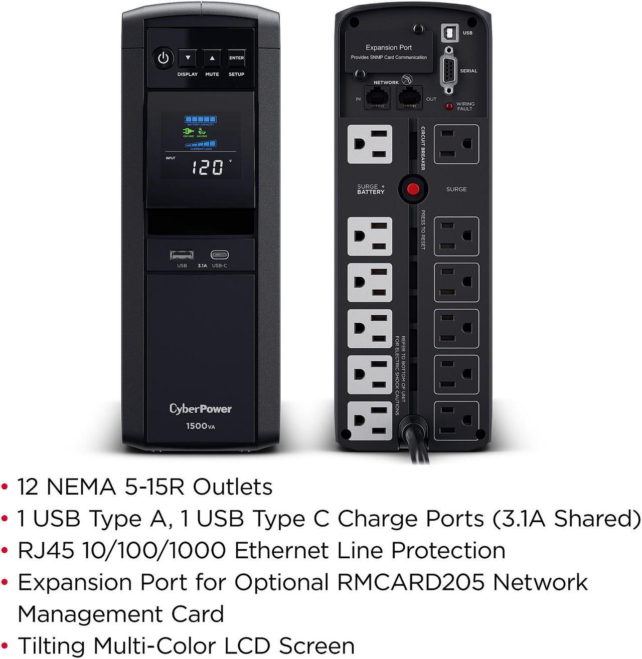 Alt view image 7 of 9 - CyberPower CP1500PFCLCD PFC Sinewave UPS Systems - 1500VA/1000W, 120 VAC, NEMA 5-15P, Mini-Tower, Sine Wave, 12 Outlets, LCD, PowerPanel