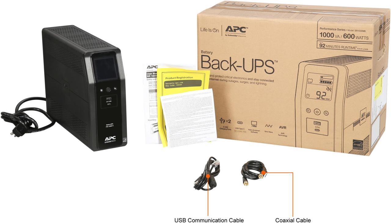 Alt view image 10 of 9 - APC Back-UPS Pro BR1000MS, 1000VA/600W, Tower, 120V, 10x NEMA 5-15R outlets, Sine Wave, AVR, USB Type A + C ports, LCD, User Replaceable Battery