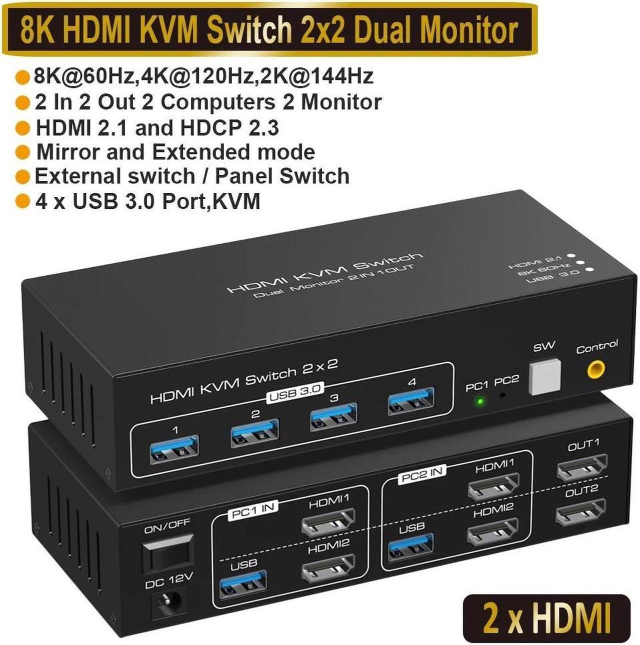 Main image of Dual Monitor HDMI KVM Switch 2 in 2 Out, 2 Port 4K@120Hz 8K@60Hz HDMI USB KVM Switcher for 2 Computers 2 Monitors with 4X USB 3.0 Ports, Support Windows, MacOS, Linux, Unix (2 Port HDMI)