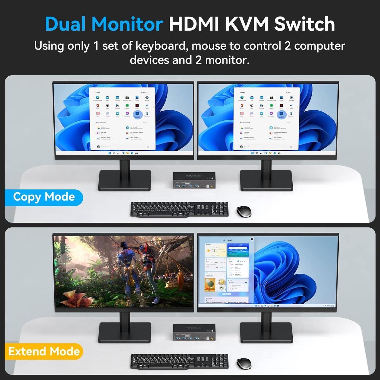 Alt view image 4 of 7 - Dual Monitor HDMI KVM Switch 2 in 2 Out, 2 Port 4K@120Hz 8K@60Hz HDMI USB KVM Switcher for 2 Computers 2 Monitors with 4X USB 3.0 Ports, Support Windows, MacOS, Linux, Unix (2 Port HDMI)