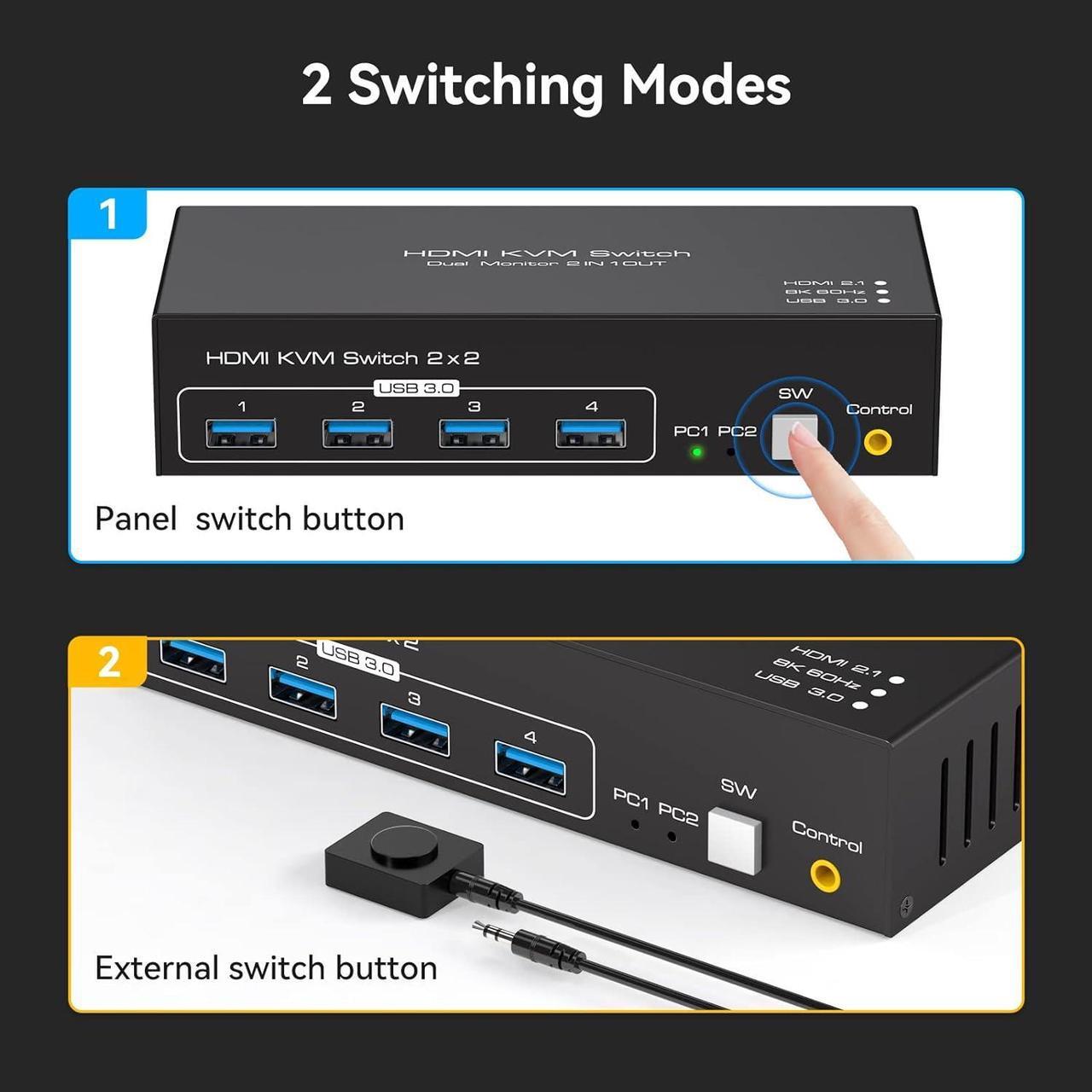 Alt view image 6 of 7 - Dual Monitor HDMI KVM Switch 2 in 2 Out, 2 Port 4K@120Hz 8K@60Hz HDMI USB KVM Switcher for 2 Computers 2 Monitors with 4X USB 3.0 Ports, Support Windows, MacOS, Linux, Unix (2 Port HDMI)