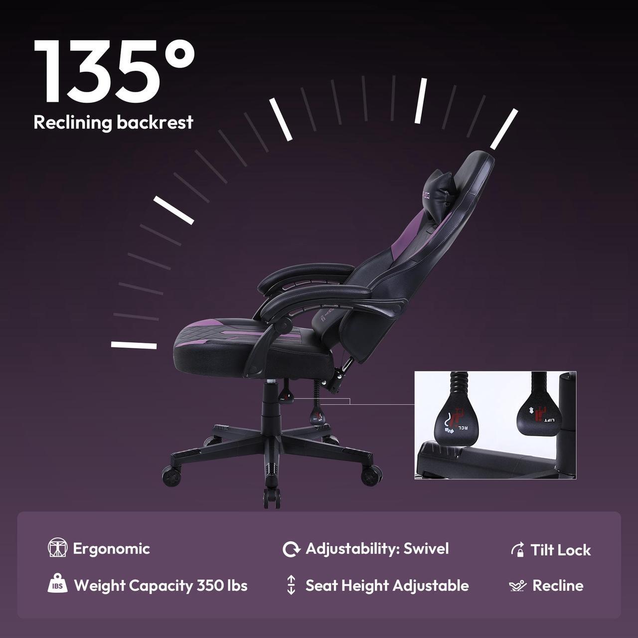Alt view image 4 of 7 - Dowinx Gaming Chair with Pocket Spring Cushion, Ergonomic Computer Chair High Back, Reclining Massage Game Chair Pu Leather 350LBS, Purple