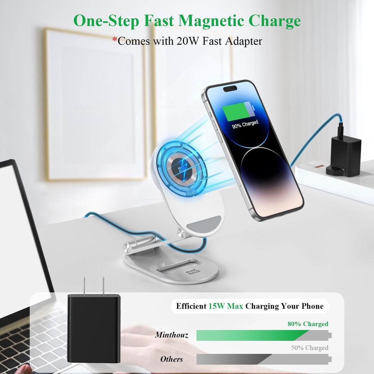 Alt view image 3 of 7 - Minthouz Magnetic Wireless Charger, Foldable MagSafe Charging Stand, Adjustable Aluminum Phone Holder with 20W USB-C Fast Charger Included, for iPhone 16 15 14 13 12 Pro/Max/Plus, AirPods 3/Pro 2/Pro