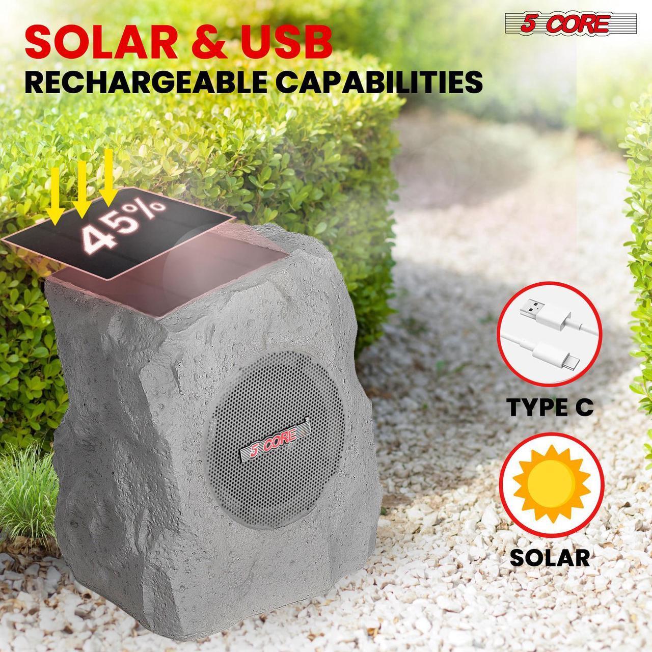 Alt view image 2 of 7 - 5 Core Rock Speaker Outdoor Waterproof Bluetooth Garden Speakers Solar & USB Charging RGB Colors for Patio Pool & Home