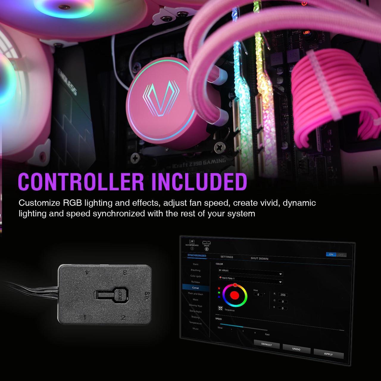Alt view image 3 of 7 - Vetroo V360 Liquid CPU Cooler, 3X 120mm Addressable RGB FDB & PWM Fans, 360mm Radiator AIO Water Cooler w/Controller Hub for Intel LGA 1700/1200/115X AMD AM5/AM4 - Pink