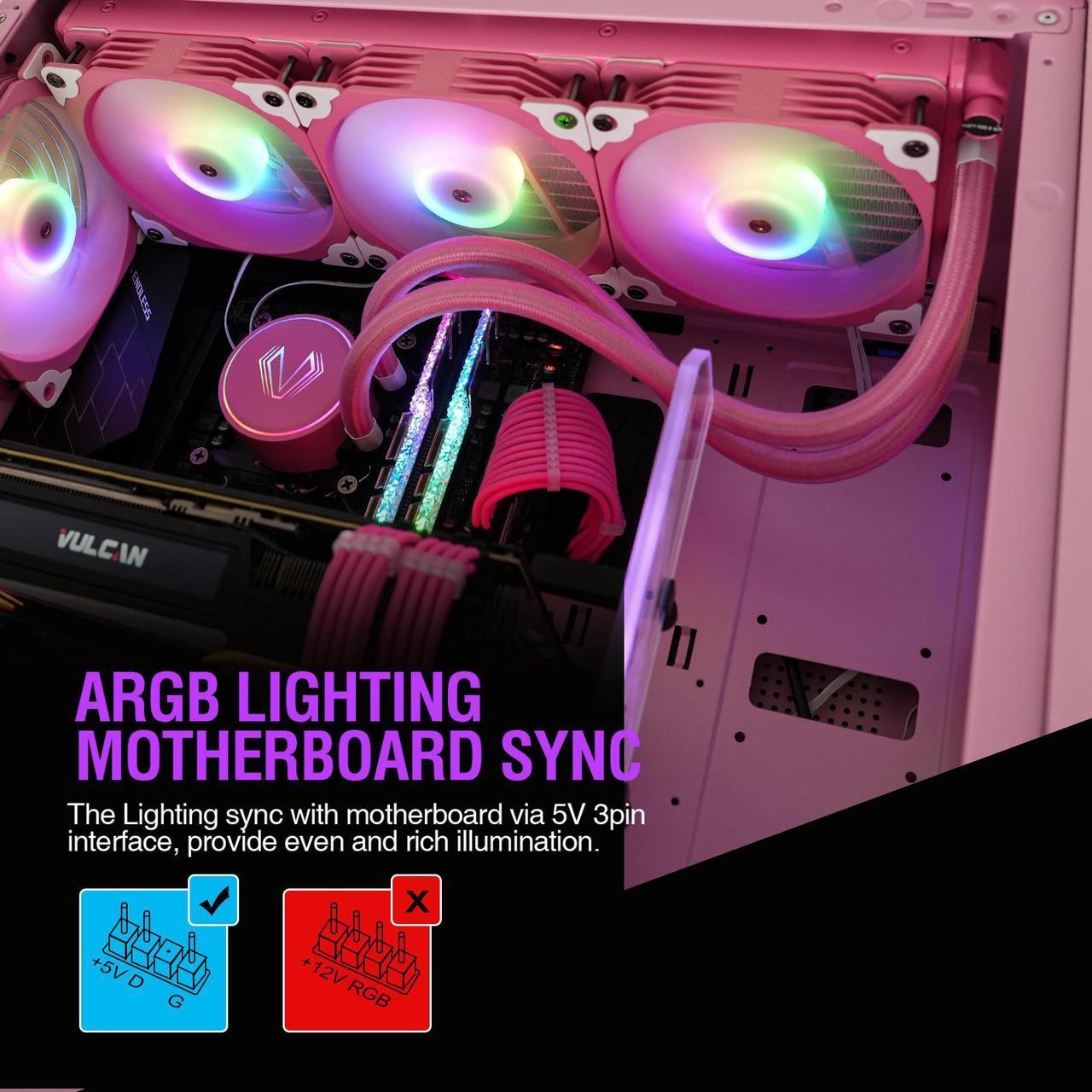 Alt view image 4 of 7 - Vetroo V360 Liquid CPU Cooler, 3X 120mm Addressable RGB FDB & PWM Fans, 360mm Radiator AIO Water Cooler w/Controller Hub for Intel LGA 1700/1200/115X AMD AM5/AM4 - Pink