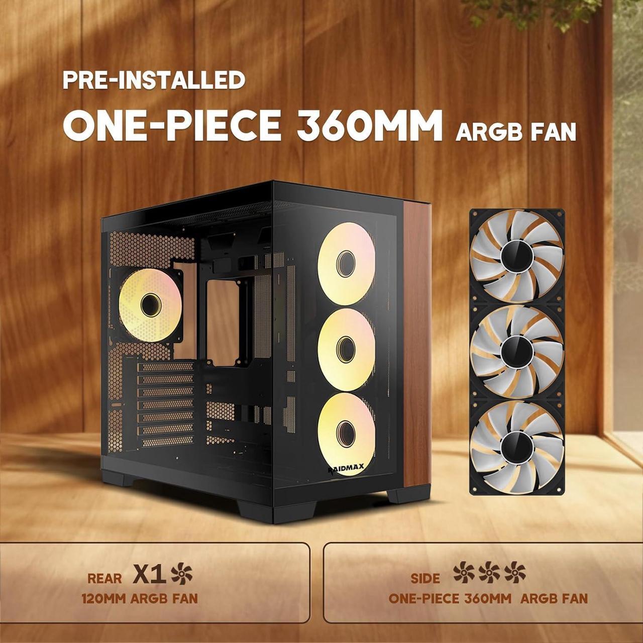 Alt view image 3 of 6 - Raidmax Infinita Series I610WBF Dual Chamber ATX Case, 1x 120mm ARGB Fan, 1x 360mm ARGB 3-in-1 Fan, Wood Panel, 270° Tempered Glass, Supports Up to 400mm GPU