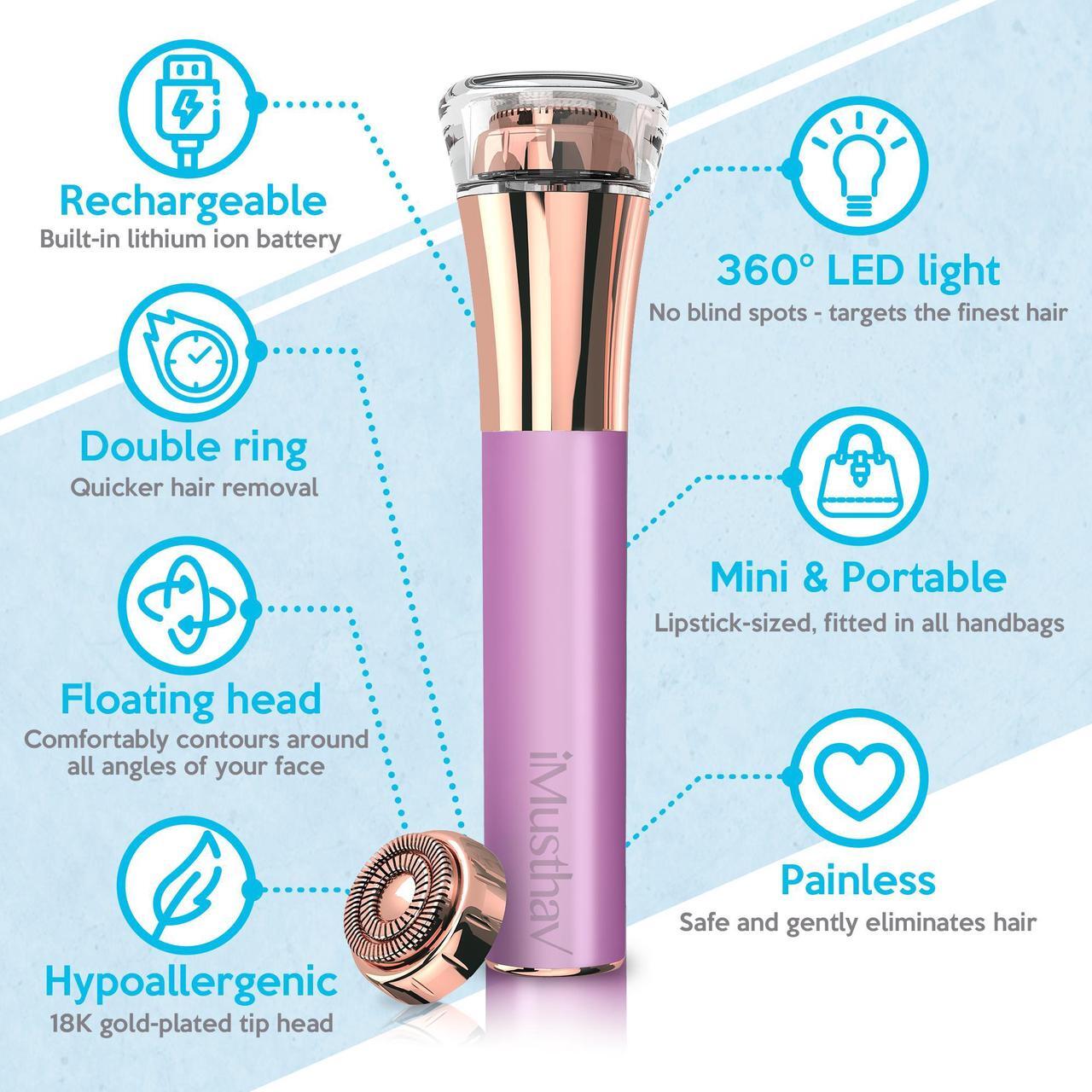 Alt view image 2 of 7 - iMusthav Mini Portable Facial Hair, Lips and Chin Remover Trimmer for Women, Facial Painless Epilator, 18K gold-plated, hypoallergenic rotary head.360° LED light for Instant and Painless Hair Remover