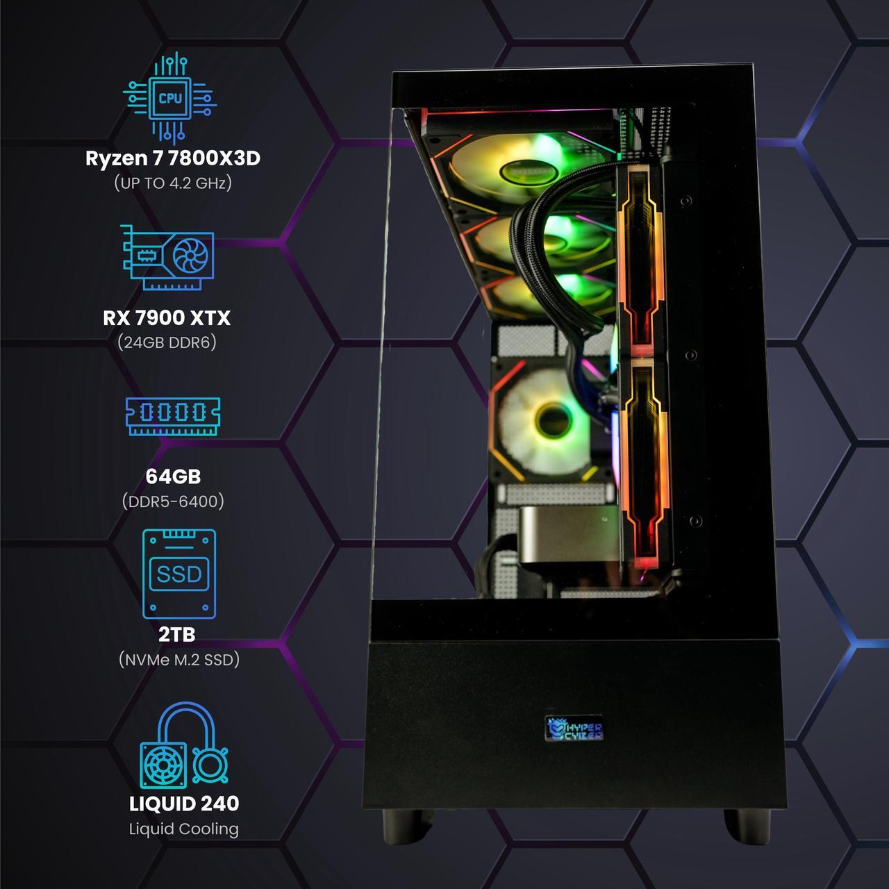 Alt view image 2 of 6 - Hyper Cyber Rage Y Liquid Cool Gaming Desktop - AMD Ryzen 7 7800X3D, AMD Radeon RX 7900XTX 24GB, 64GB DDR5, 2TB SSD, Windows 11, WiFi, Xtreme VR
