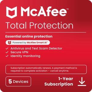 McAfee Total Protection  (Windows, macOS, Android, iOS, ChromeOS) 2025 | 5 Device | Includes Antivirus, Scam Protection, Secure VPN | 1-Year Subscription with Auto-Renewal | Digital Download