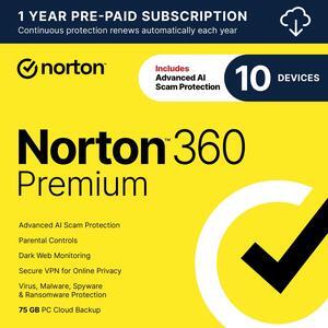 Norton 360 Premium 2025, Antivirus software for 10 Devices with Auto-Renewal – Includes Advanced AI Scam Protection, VPN & PC Cloud Backup [Download]