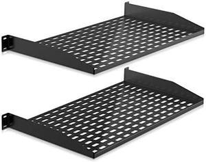 2-Pc 1U Server Rack Shelf, Vented Shelves for Good Air Circulation, Cantilever Mount, Wall Mount Rack, Universal Device, Cabinet Shelf, Computer Case Mounting Tray, Black-Pyle PLRSTN14UX2