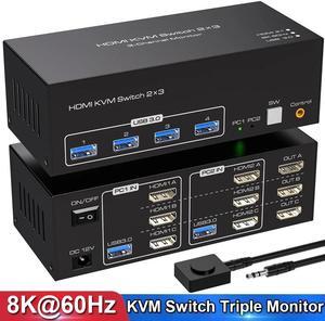 3port HDMI Triple Monitor KVM Switch 3 Monitors 2 Computers 8K@60Hz USB 3.0 KVM Switches for 2 PC or Laptops Share 1 Set of Keyboard Mouse Printer and Scanner Support Extended & Duplicate Mode