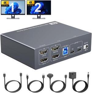 Hitoor Dual Monitor KVM Switch for Laptop & Desktop 4K@60Hz, USB C and HDMI KVM Switch 2 Monitors 2 Computers with 4 USB 3.0 Port for Keyboard Mouse, 80W PD Charging, with Wired Remote and USB C Cable