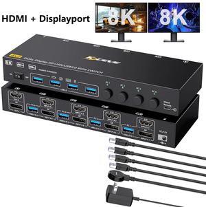 IHDAPP HDMI + Displayport KVM Switch 4 Computers 2 Monitors, 8K@60Hz 4K@144Hz, USB 3.0 Dual Monitor KVM Switches for 4 PC Share 2 Monitors and Keyboard, Mouse and Printer, with Wired Remote