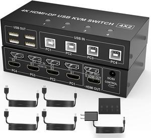 4 Port HDMI + DisplayPort KVM Switch Dual Monitor, UHD 4K@60Hz, KVM Switch 2 Monitors 4 Computers with 4 USB 2.0 Hub, Keyboard Video Mouse Peripherals Switcher for 4 PCs Dual Monitors