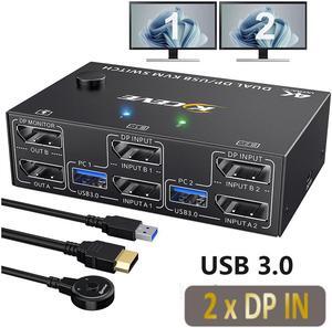 Dual Monitor DisplayPort 1.4 KVM Switch 8K@30Hz 4K@144Hz 2 in 2 Out, DP1.4 KVM Switch and 4 USB 3.0 Port for 2 Computers,Backnward Compatible DP1.2 with DP+USB Cables and Wired Controller