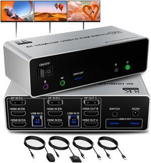 AUTYUE 8K@60Hz KVM Switch 3 Monitors 2 Computers 4K@144Hz, 2 HDMI+Displayport KVM Switch Triple Monitor for 2 PC Share 3 Monitor, Audio Mic Port and 3 USB3.0 Devices, Wired Remote and 5V Power Adapter