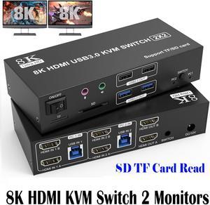 AUTYUE Dual Monitor HDMI KVM Switch 2 Monitors 2 Computers, 8K@60Hz 4K@120Hz KVM Switcher for 2 Computers Share 2 Monitor, 4 USB Devices, Audio Microphone and SD TF Card, DC 12V & Wired Controller