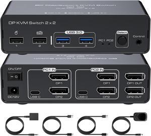 Beautframes DisplayPort KVM Switch 2 Monitors 2 Computers 8K@60HZ 4K@120HZ Aluminum KVM Switch Dual Monitor KVM Switcher 2 Monitors for 2 Computers Sharing 4 USB Devices with Desktop Controller